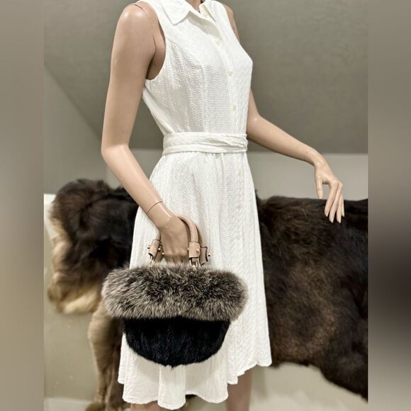 Colorblock Handmade Real Mink Fur & Fox Fur Removable leather Handles Bag - Picture 4 of 14